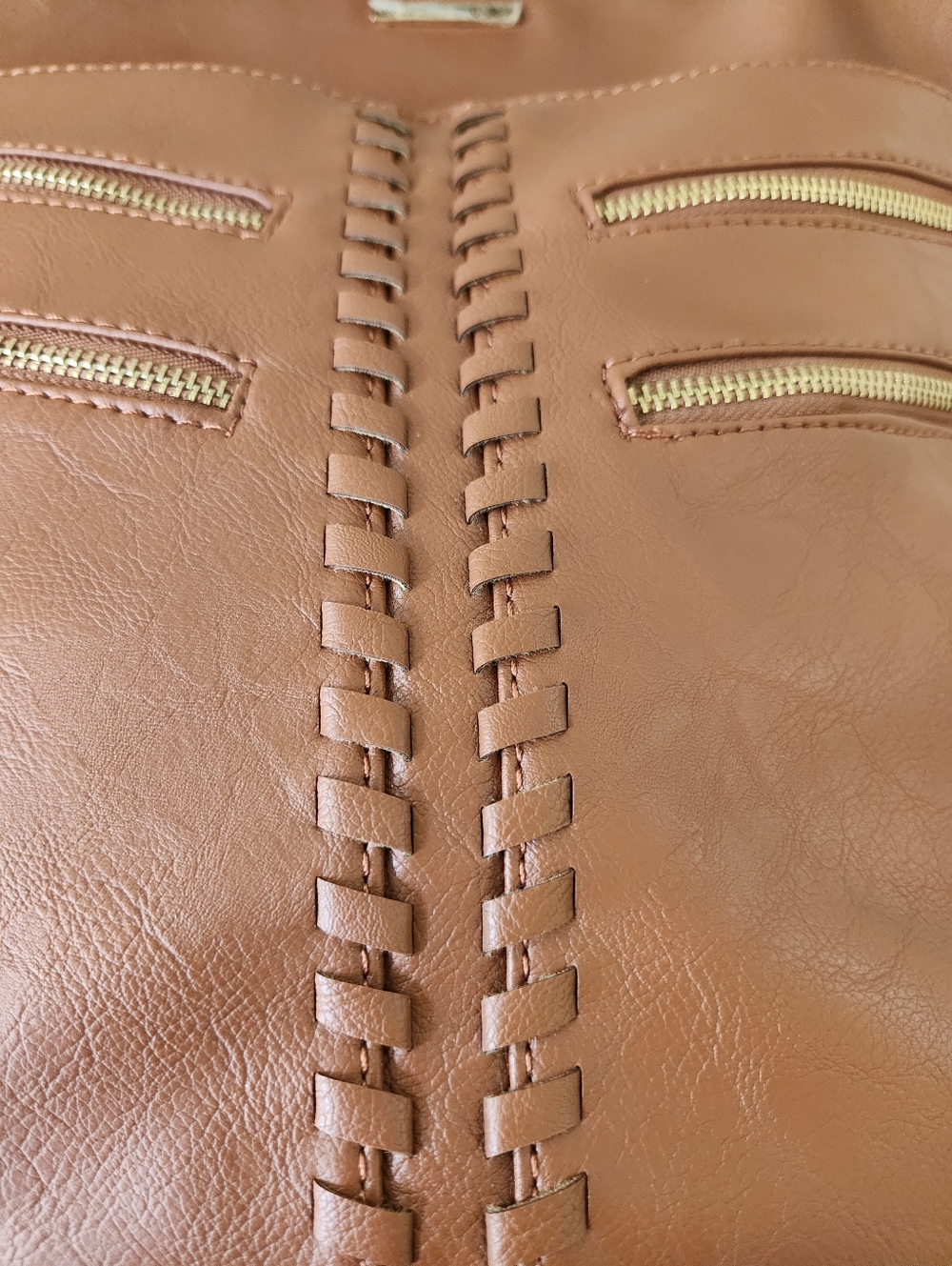 NWT Lrg Rampage Cognac Crossbody 14x14 Y2K Boho Multi Zip Whipstitch Snap Pocket - Picture 13 of 16